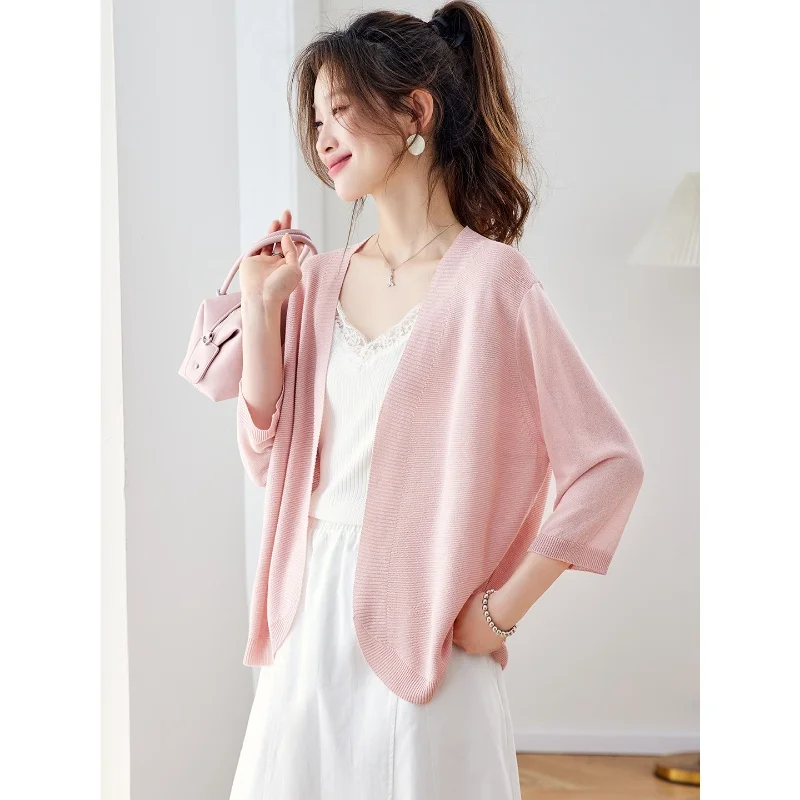 Women's Sunscreen Ice Silk Knitted Cardigan Thin Summer Camisole Dress Shawl Cover High-End Short Top for Casual Wear