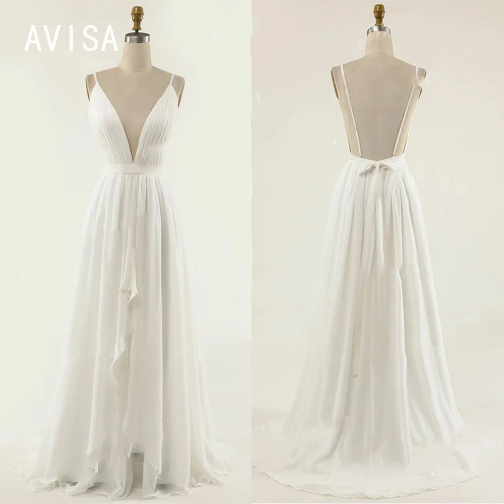 Vestido de casamento de chiffon aberto, gola V simples, cintas de espaguete, sem encosto, linha A, vestidos de noiva sexy, vestido de varredura, 2024