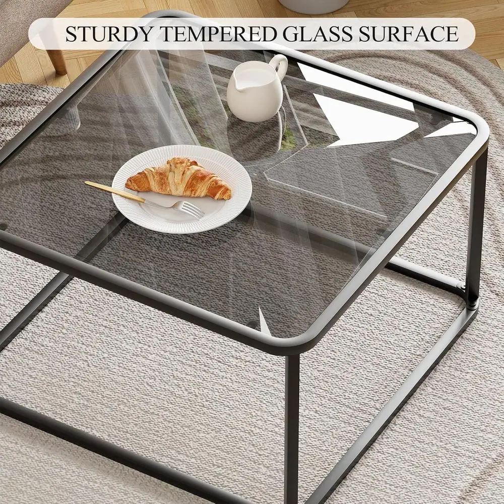 طاولة قهوة زجاجية حديثة وبسيطة لغرفة المعيشة أو المكتب، أسود ورمادي، 26.4 × 26.4 × 15.7، إطار قوي، سهل التجميع #3