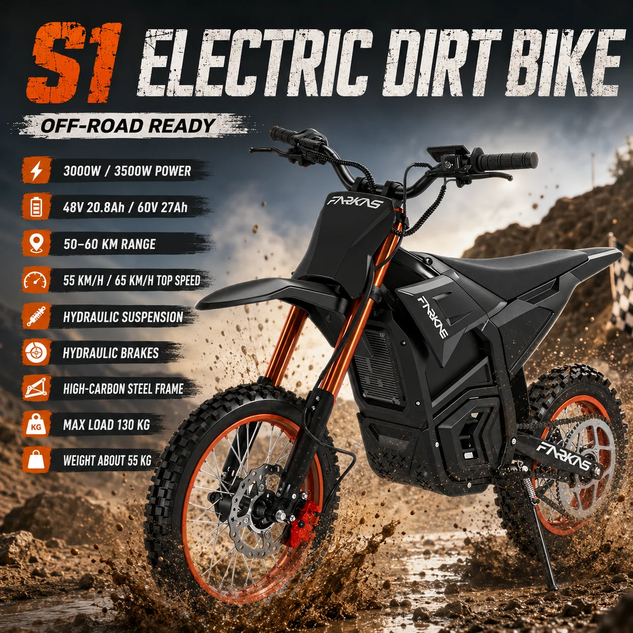

S1 E-Bike Off-Road Electric Bike with 14 Inch Front 12 Inch Rear Tires 3000W 3500W DC Motor 60V 27Ah Battery 130KG Max Load