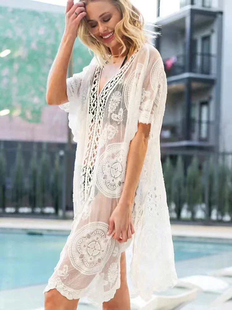 New Embroidery Lace Bikini Cover-Ups Women Beach Cover Up See Through V-Neck Summer Fashion Female Classic Dresses Beachwear