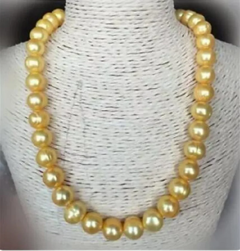 Perfect AAA+10-11mm natural South China Sea gold Baroque Pearl Necklace 14k 18/36 inch.