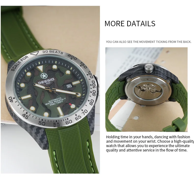 Dessio Men's Automatic Mechanical Watch | Upgrade Carbon Fiber Case Sturdy & Durable About 80g | 30M Waterproof | Luminous Dial | Date & Day Display | Trendy & Elegant Design for Business/Casual/Outdoor | Silicone Green Watch Strap | Lightweight & Sport |