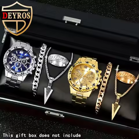 [8-Piece Luxury Men's Watch Gift Set] Stylish men's quartz watch, gold &amp; silver arrow necklace, bracelet, and ring , men gift
