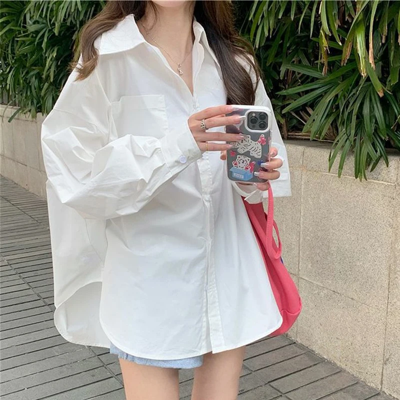 Korean Oversized White Shirt Women All Match Long Sleeve Loose Basic Blouse Woman Spring Summer Turn Down Collar Blusas Mujer