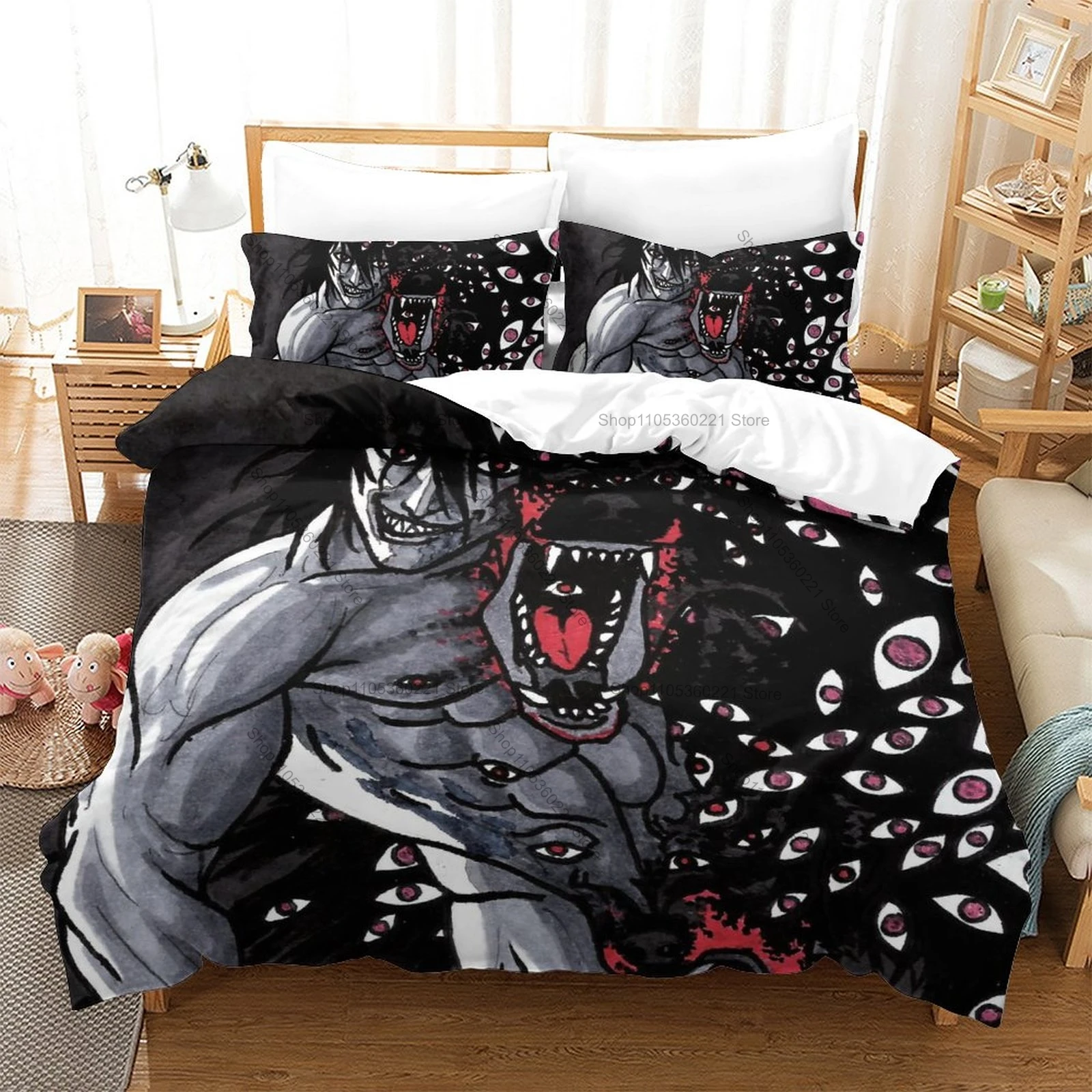 Hellsing Bedding Set Duvet Cover + 2 Pillowcases Gothic Vampire Anime Alucard Red Black London Dark Horror Bedroom Decor