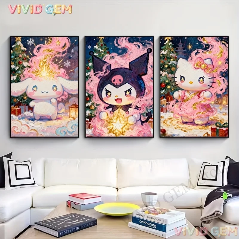 VIVID GEM Sanrio Hello Kitty Kuromi Full Drill Diamond Painting Anime Character Set Cross Stitch Mosaic Handmade Wall Gift