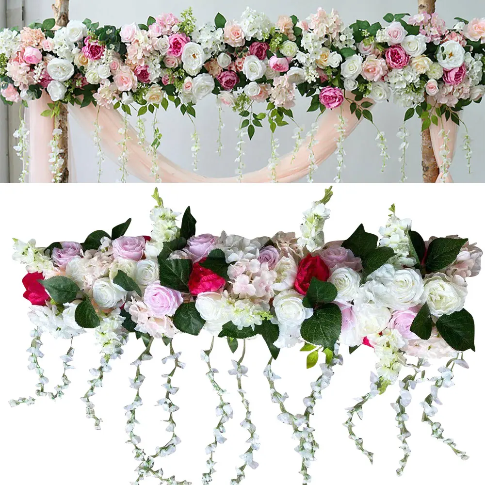 

100*15*25cm/39.37*5.95*9.84inch Artificial Silk Rose Flower Backdrop Wedding Row Decor Floral Wall Arrangements