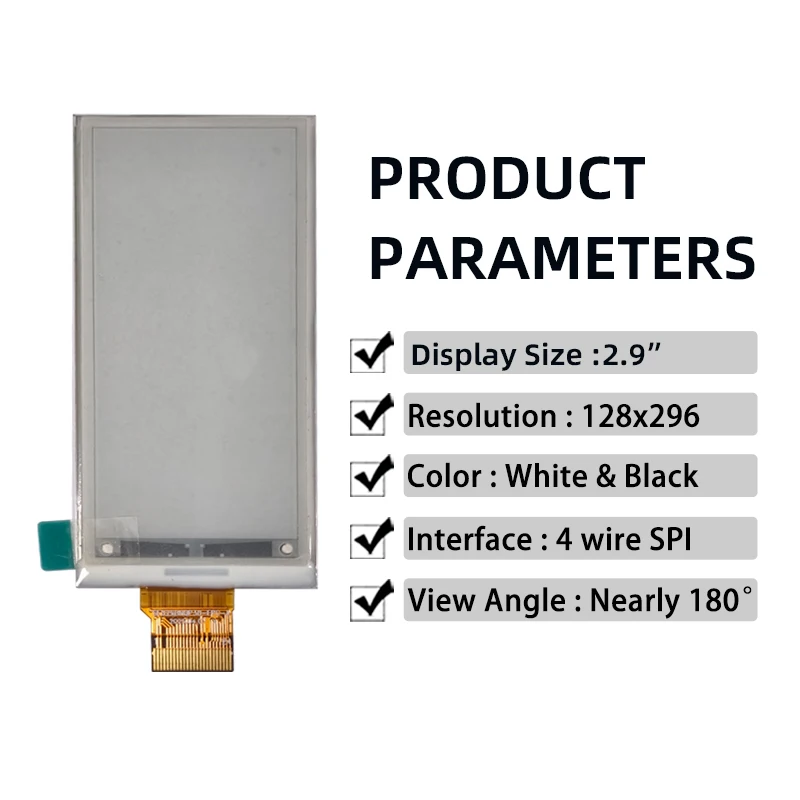 2.9-Inch Electronic Paper Display Module 128x296 Resolution SPI Interface, White and Black 180-degree Viewing Angle