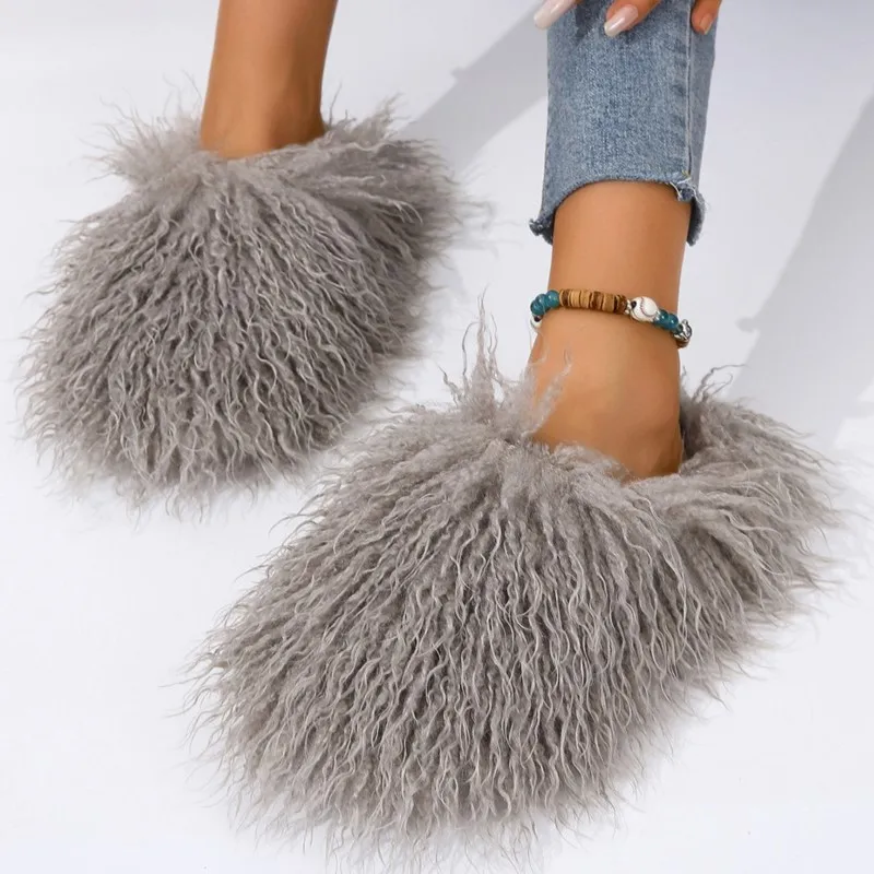 Women\'s Autumn Winter Mongolian fur Slippers Plus Size Woman Luxury Furry Faux Fur Slippers Plush Warm Home Cotton Fur Slides