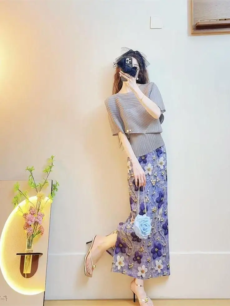Elegant Slimming Floral Print Half Skirt High Waist Pleated Lightweight Spring Summer Vintage South Oil Premium Brand
