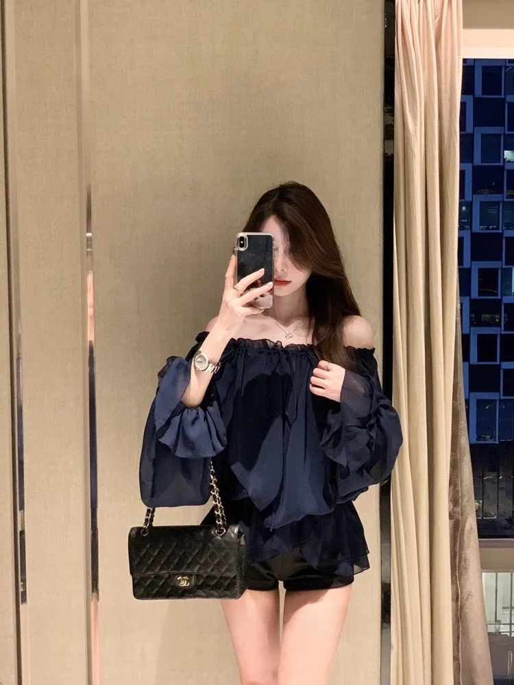 Wit Eén schouder Lange mouwen Chiffon irt Dames Zomer High-End Pure Desire Unieke Mooie Top Franse Sle Loose Fit