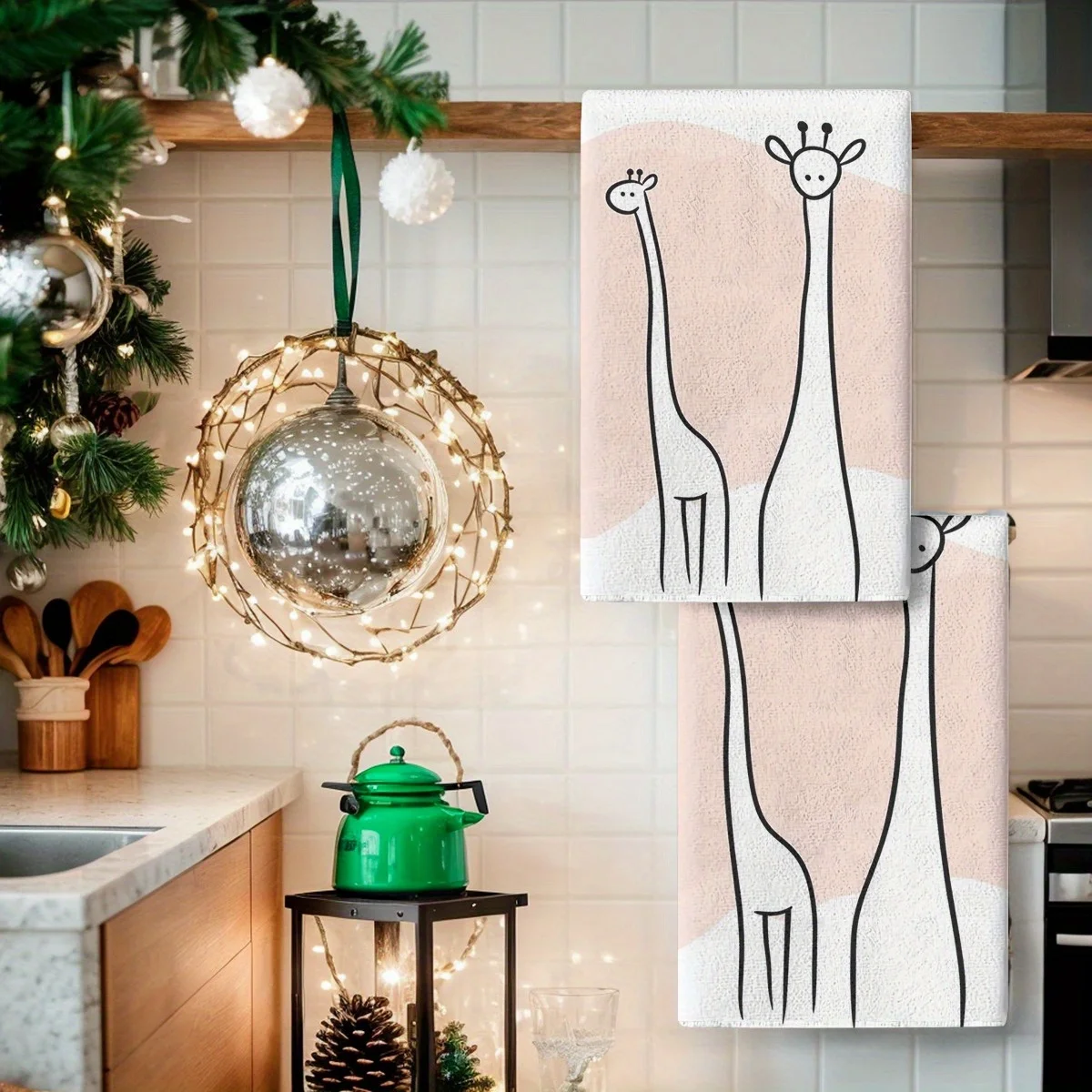 2PCS Kitchen Towel Set Dish Towel Cute Giraffe Line Art Blush Pink Style Dish Cloths For Bathroom And Kitchen, Hand Towel Dishs
