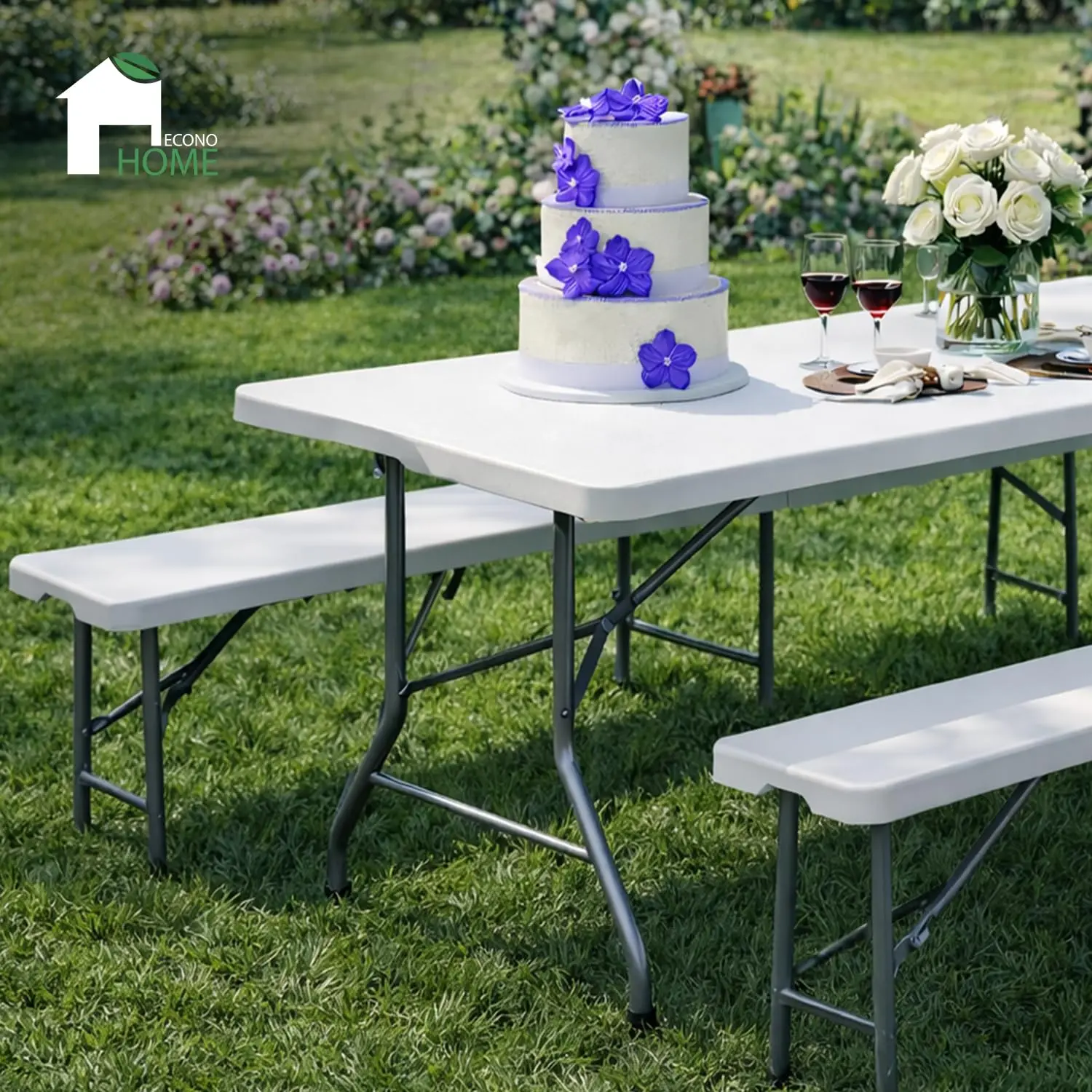 6 Ft White Plastic Folding Table Set with 2 Benches – Heavy-Duty Picnic Table & Bench Set, Space-Saving, Indoor/Outdoor