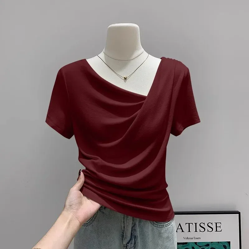 Women's Off Shoulder Asymmetric Slim Irregular Short Sleeve T-Shirt 2026 Spring Summer New Minimalist Versatile Pullover Top