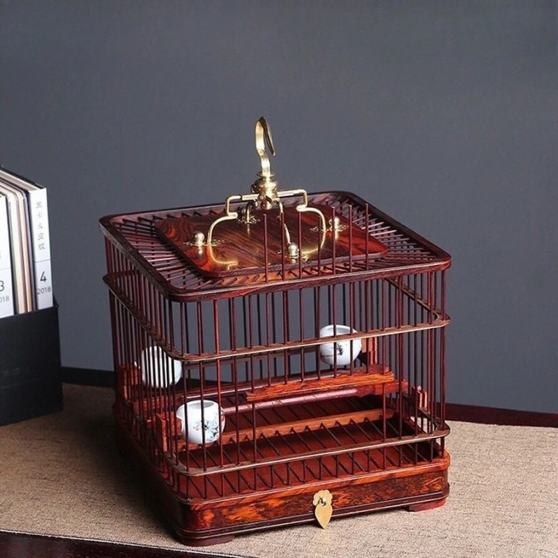 

Big red rosewood high-grade square mahogany bird cage, red shellfish embroidered eye square cage drawer Daquan