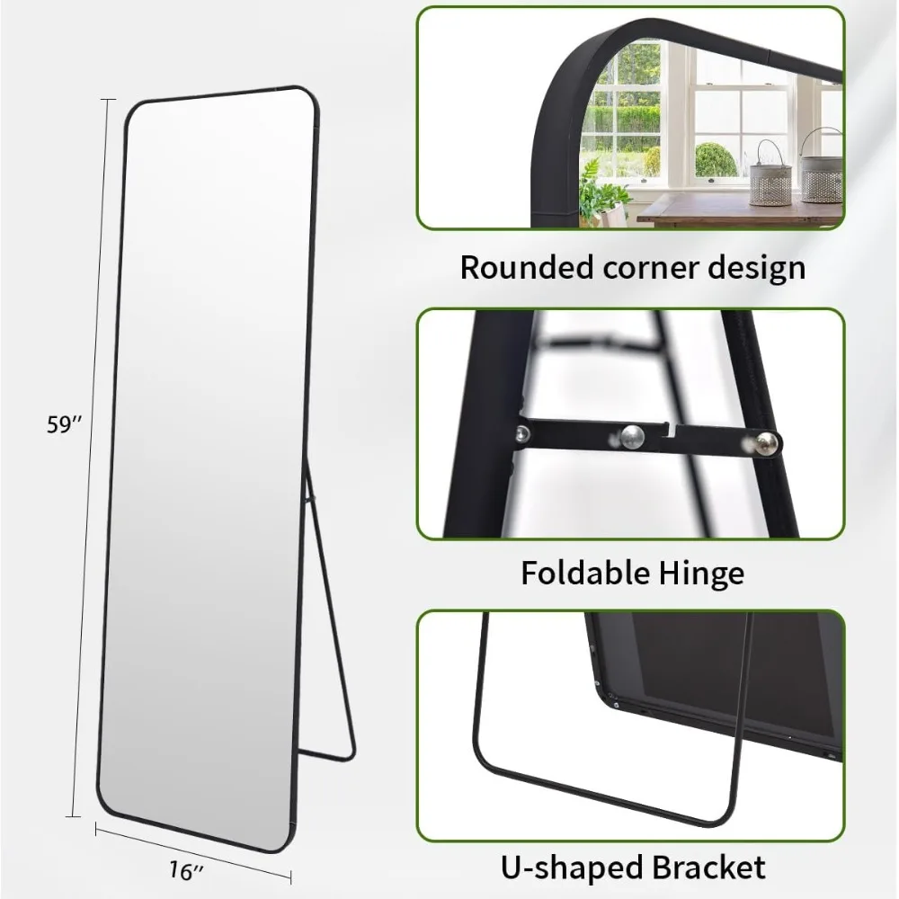 Full Length Mirror with Rounded Corners - Standing or Leaning Metal Framed Floor Mirror for Living Rooms and Bedrooms