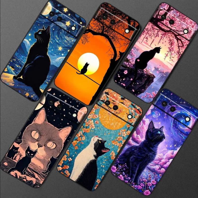 Funda con patrón de gato bonito de dibujos animados para Google Pixel 10 9a 9 8A 8 7 7A 6 6A Pro XL 2024 5G silicona TPU suave negra