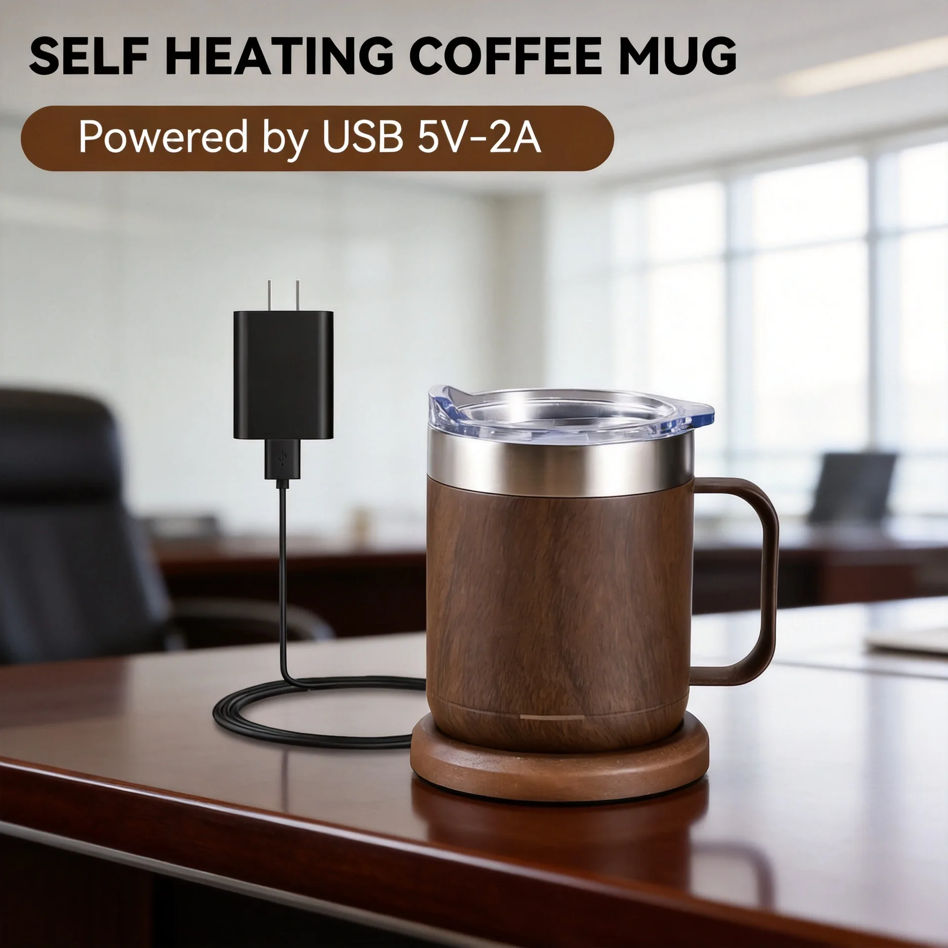 Self-Heating Coffee Mug Smart USB Warmer with 55°C (131°F) Thermostat Double Layer Food Grade Cup Warmer for Office/Home/Gifts