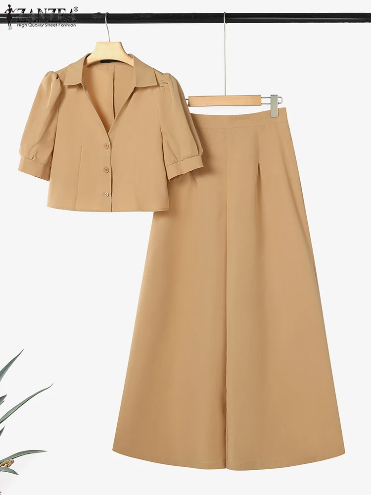

ZANZEA Stylish Woman 2PCS Outfit Short Puff Sleeve Crop Tops Street Fashion Office Commute Wide Leg Pants Pant Sets 2 Piece Sets