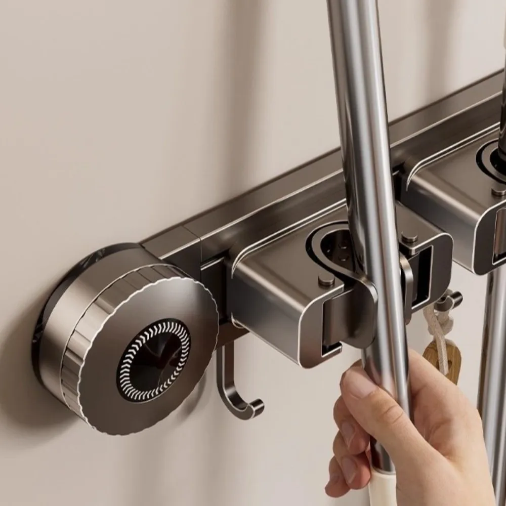 

Space Aluminum Suction Cup Mop Holder Moisture-Proof Self-Adhesive Wall Mounted Mop Rack Adjustable Spacing Removable