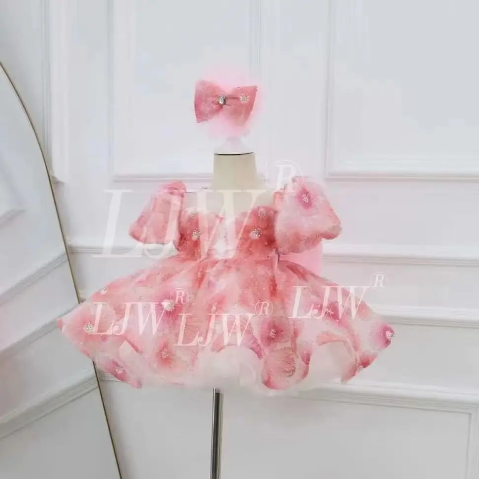 2026Toddler Kids Girls Pink Floral Tulle Dress Baby Girl First Birthday Dress Piano Performance Wedding Ball Gown Summer Holiday