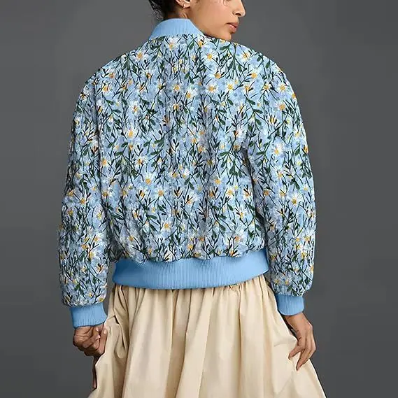 Fall/Winter Daisies Printed Denim Pouch Zip Short Sleeve Flight Jacket Cotton Coat