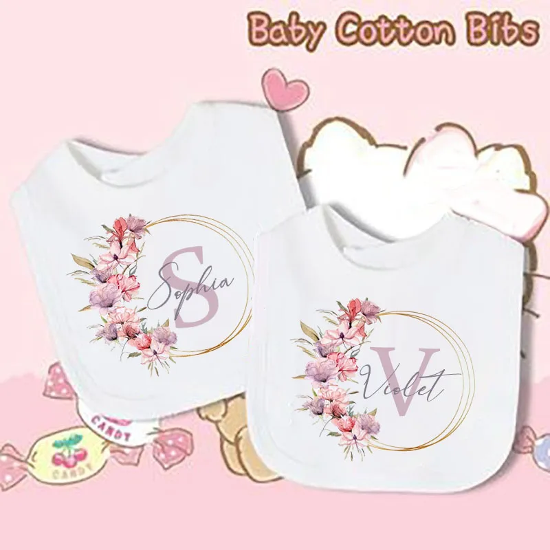 Personalised Wreath with Name Baby Bib Custom Infant Cotton Bibs Baby Girl Cute Burp Cloths Toddler Feeding Bib Baby Gift Bibs