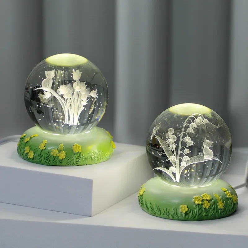 Bola de cristal 3D com vidro esculpido, estilo pastoral fresco, artesanato de resina, luz interna da noite, decoração leve da atmosfera