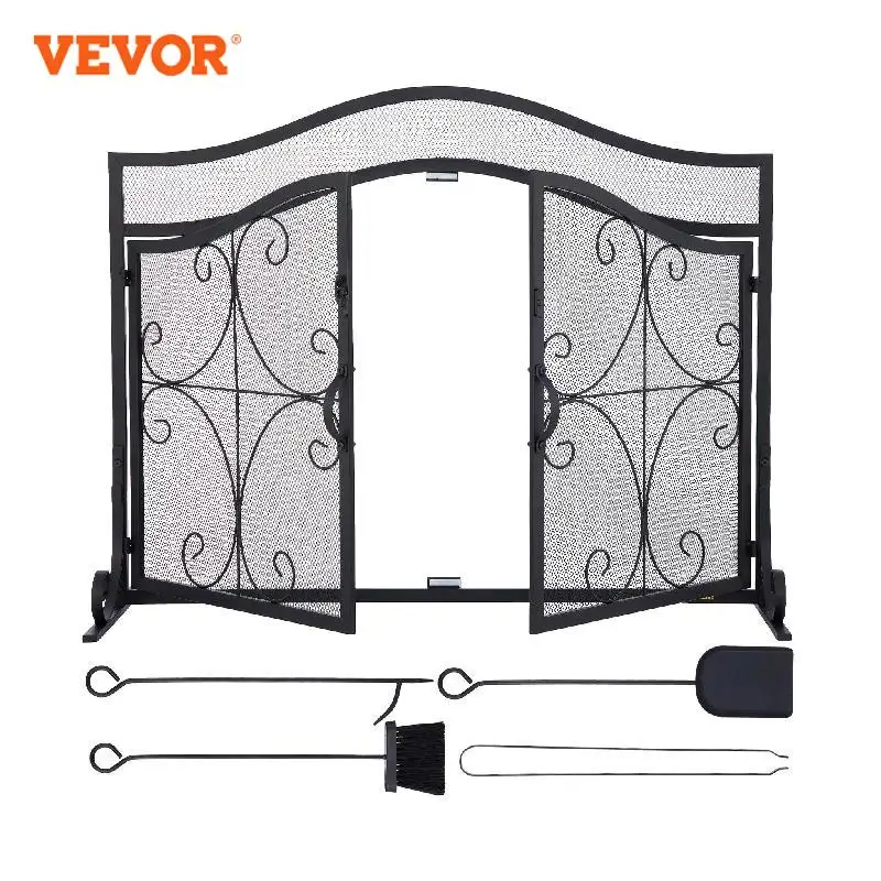 VEVOR-Écran de Cheminée 39x26.6 Pouces avec Double Porte en Fer, Maille D.lique Autoportante, Artisanat Noir