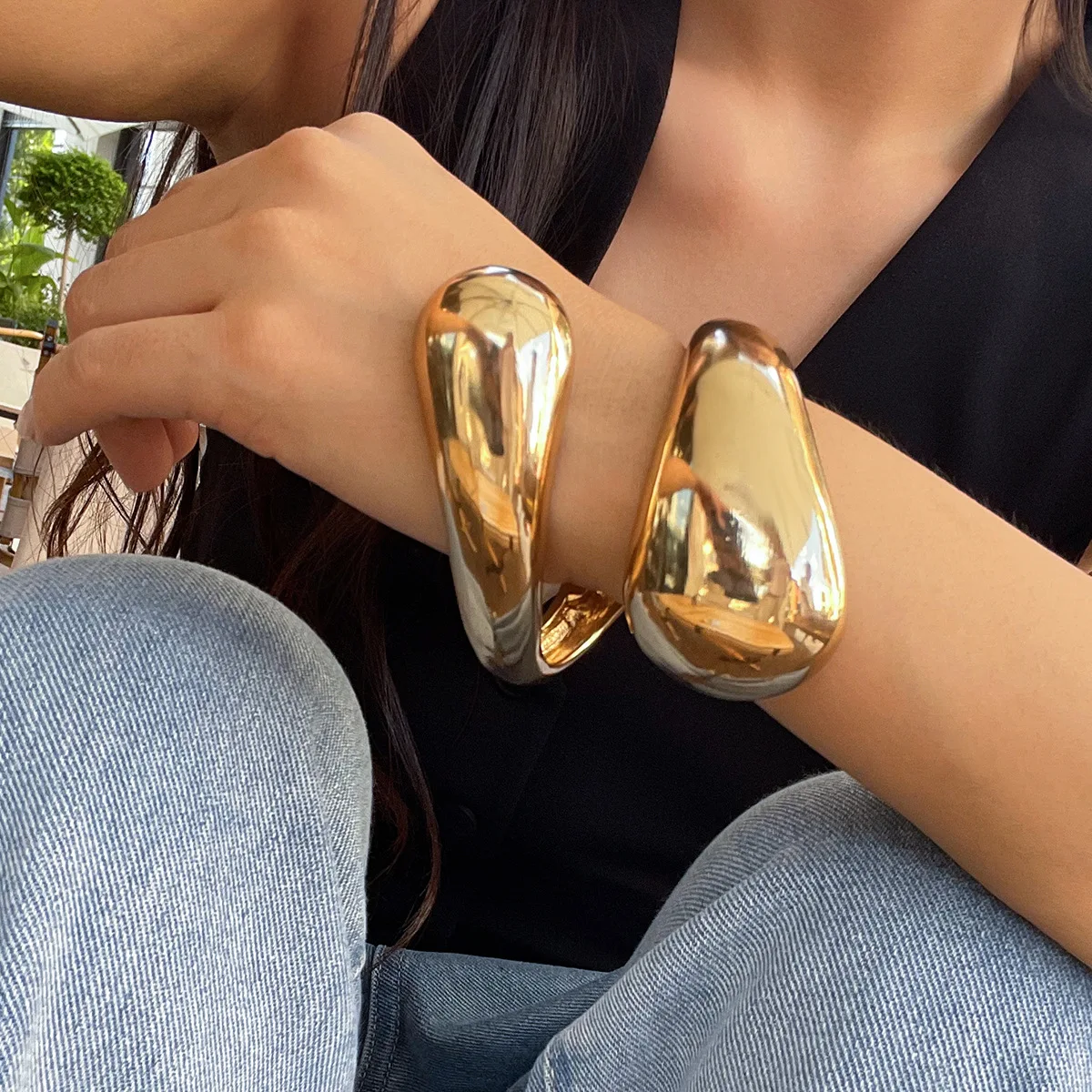 DIEZI Gold Silver Color Water Drop Geometric Cuff Bangles Men Vintage Hip Hop Punk Spring Bangles Bracelets For Women Jewelry