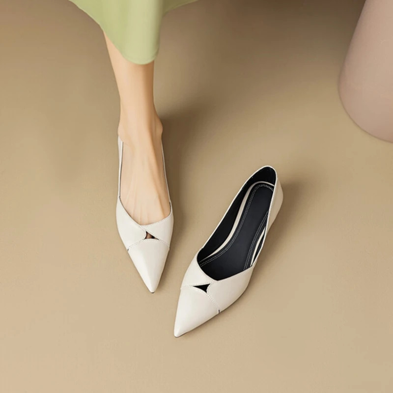 NEW Spring/Summer Women Pumps Pointed Toe Chunky Heel Shoes Split Leather Shoes for Women Elegant Beige Hollow Ladies Shoes