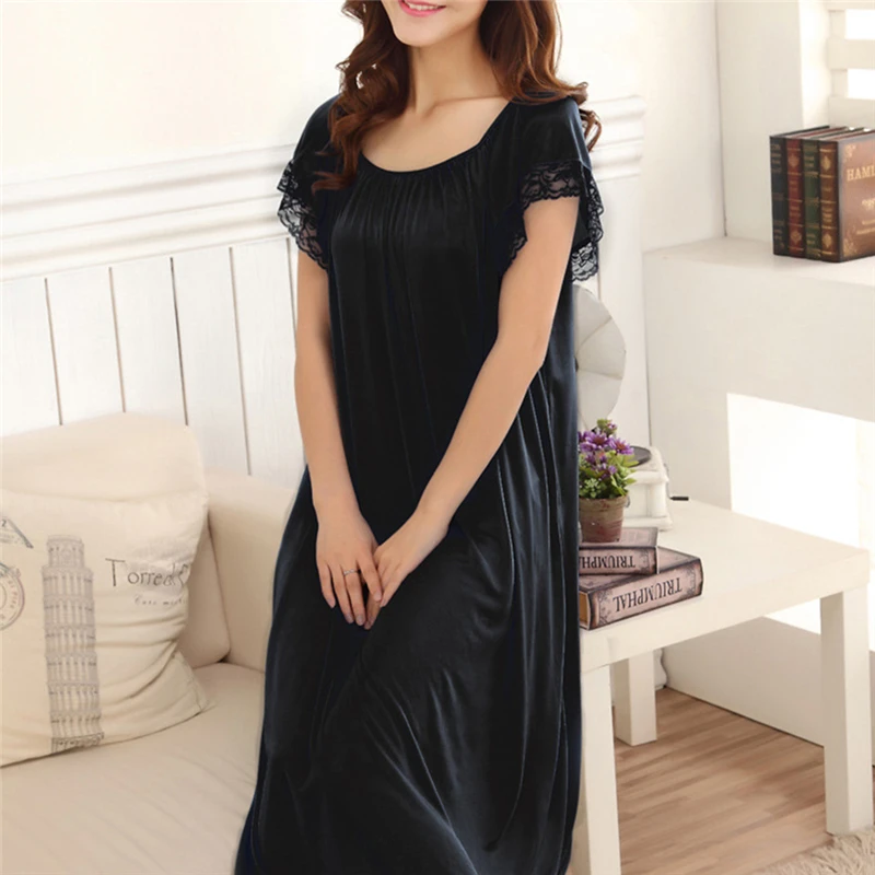 Women Night Gowns Sleepwear Lace Patchwork Nightwear Long Sleeping Dress Casual Ladies Home Dressing