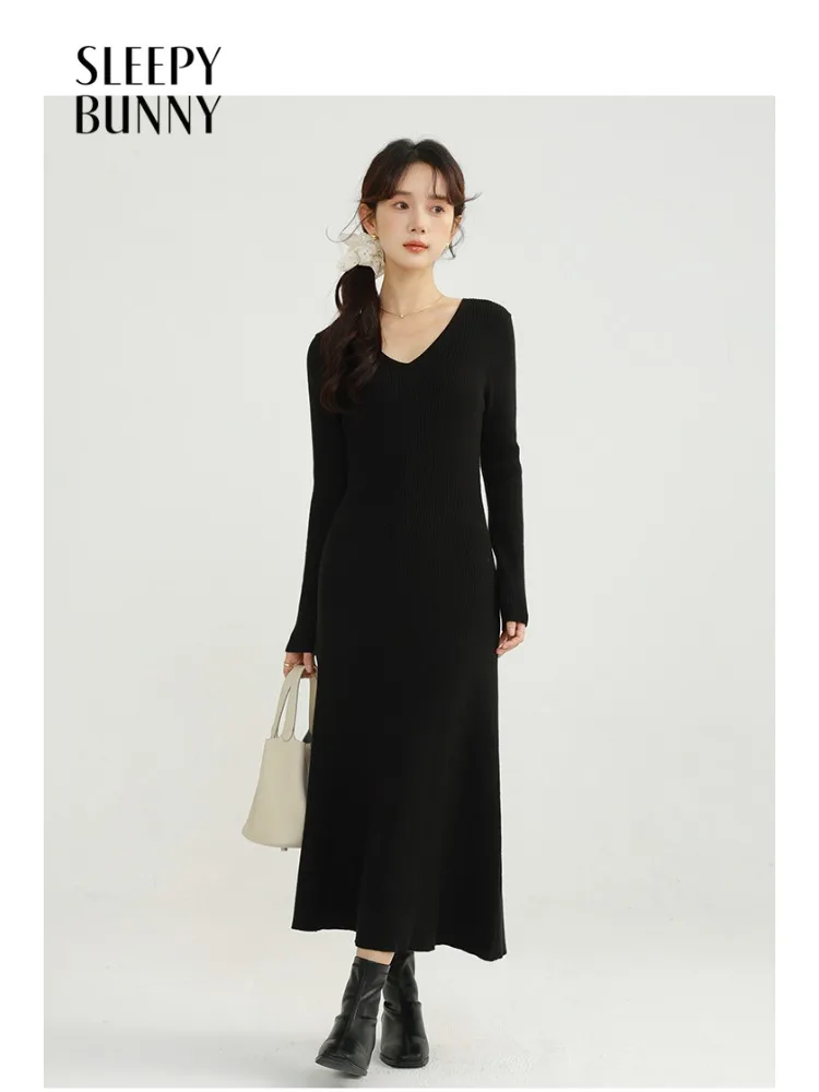 

V-Neck Long Sleeve Dress Women Elegant Slim Knitted Dress Lady Mermaid Maxi for Female Casual Warm Autumn Winter Bodycon Style