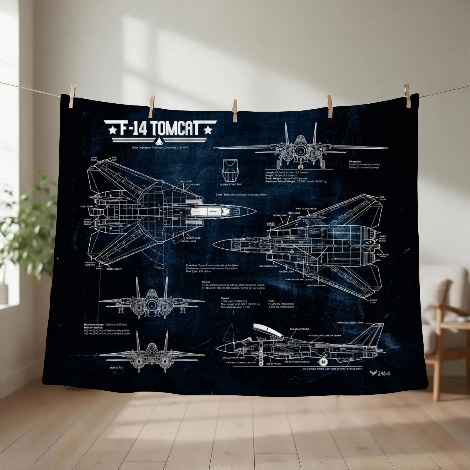 Tomcat F-14 Blueprint Tapestry USAF Navy Throw Blanket couch cozy soft plush fuzzy picnic outdoor blanket