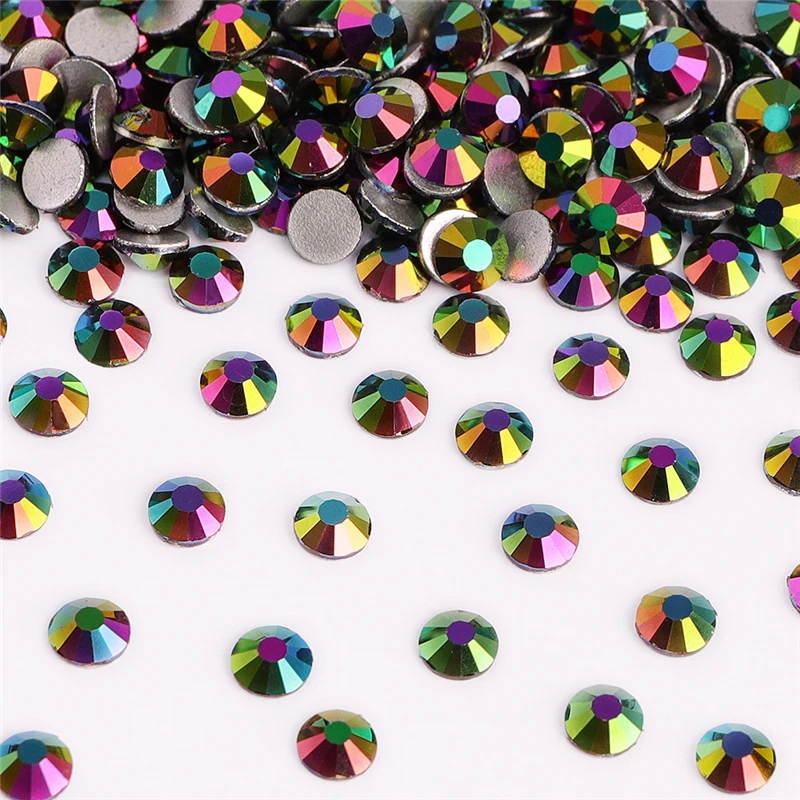 

SS3-SS30 Green Magic Glass Flatback Rhinestone Glitter Round Silver Bottom Glue On Crystal Stone for Nail Art Clothes Decoration