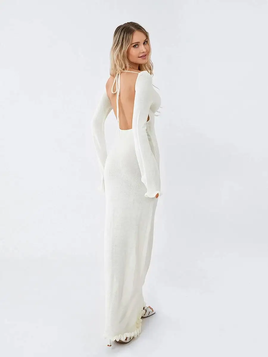 Vestido largo de punto con volantes para mujer, ropa de playa con manga ajustada y lazo, Espalda descubierta, cuello redondo, Color sólido, otoño e invierno