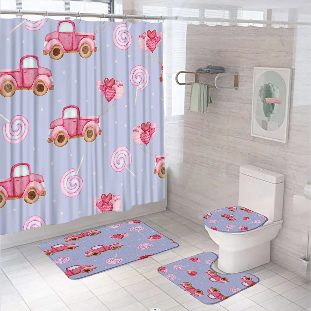 Valentine's Day Shower Curtain Set Pink Truck Couple Heart Balloon Sweet Candy Bathroom Curtains Decor Bath Mat Rug Toilet Cover