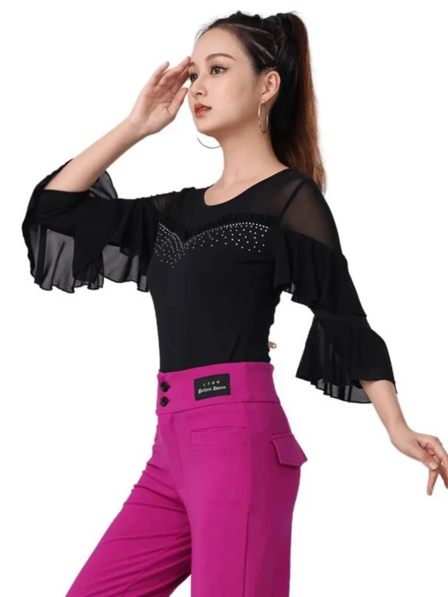Top de malha transparente com retalhos e mangas de strass com babados, elegante, salão de baile, dança moderna, traje de performance de palco