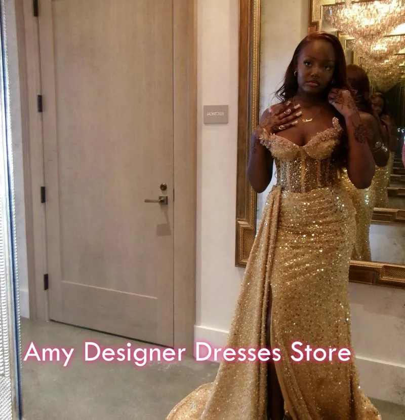 ชุดราตรีงานพรอมสุดหรู ประดับเลื่อมคริสตัล ปี 2026 สำหรับสาวผิวสี ทรงเมอร์เมด คอวี ผ่าข้าง งานปาร์ตี้  สามารถสั่งตัดได้