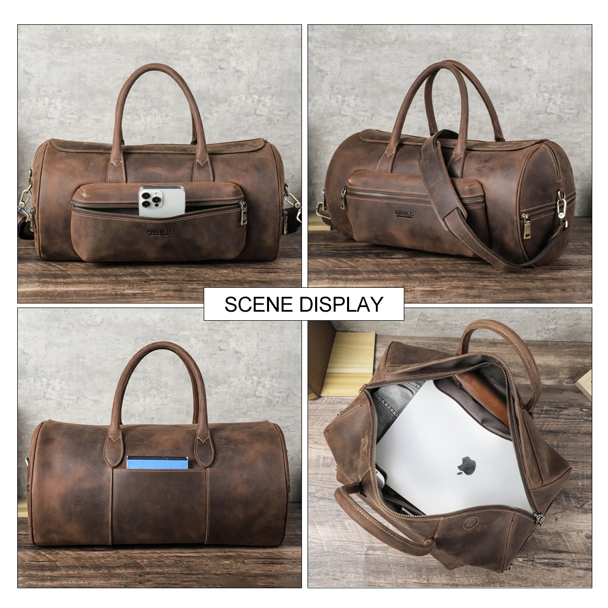 CONTACT'S Genuine Leather Tote Luggage Bags for Men Crazy Horse Leather Male Travel Bag Shoulder Bag Crossbody Bag Men's Bags