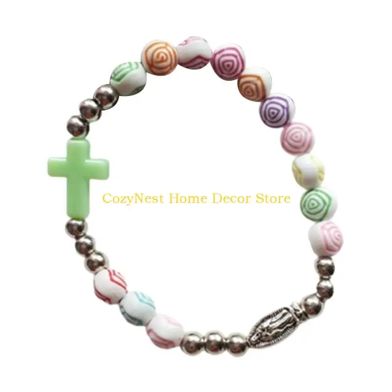 Pulsera Rosario con Cruz católica 92MF, cadena elástica con cuentas, brazalete rosarios bautismo, pulsera para hombres