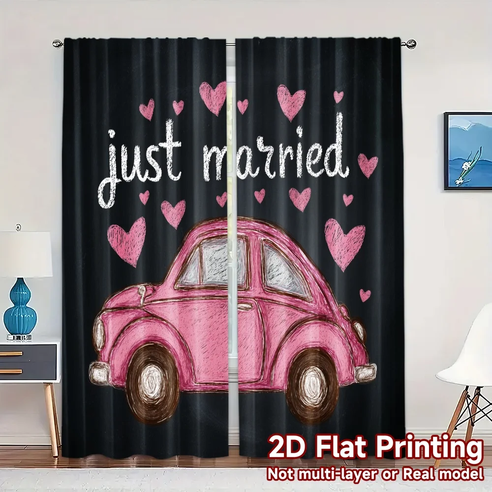 2pcs, 2D FLAT PRINTING Curtains (Without Rod) Pink Wedding Ride Pattern Modern Curtains Prints Light Filtering Curtains All