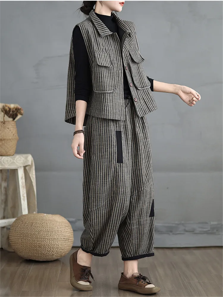 

Autumn New Fashion Cotton and Linen Stripes Suits for Women Loose Casual Sleeveless Jacket+Harem Pants Female Vest 2 Piece Sets