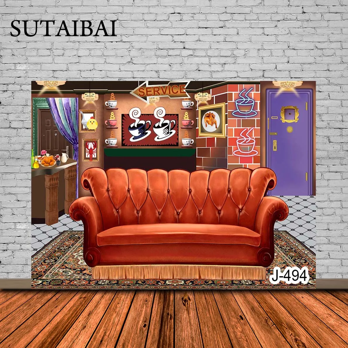 

Red Brick Wall Sofa Coffee Shop Photography Backdrop Friends Central Perk Pub Party Photo Background Booths Studio Props