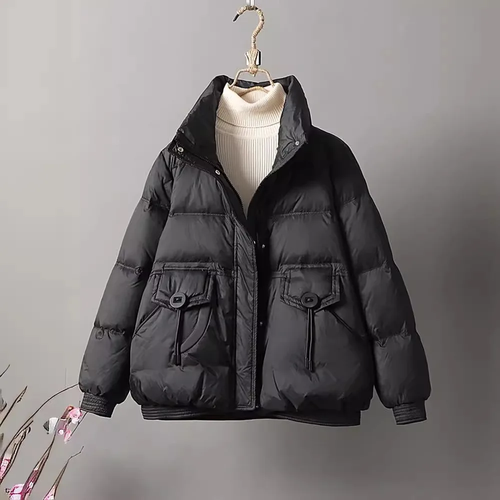 2024 New Winter White Duck Down Jacket Female Thick Loose Casual Fashion Warm Down Coat Women Stand Collar Zipper Office Lady