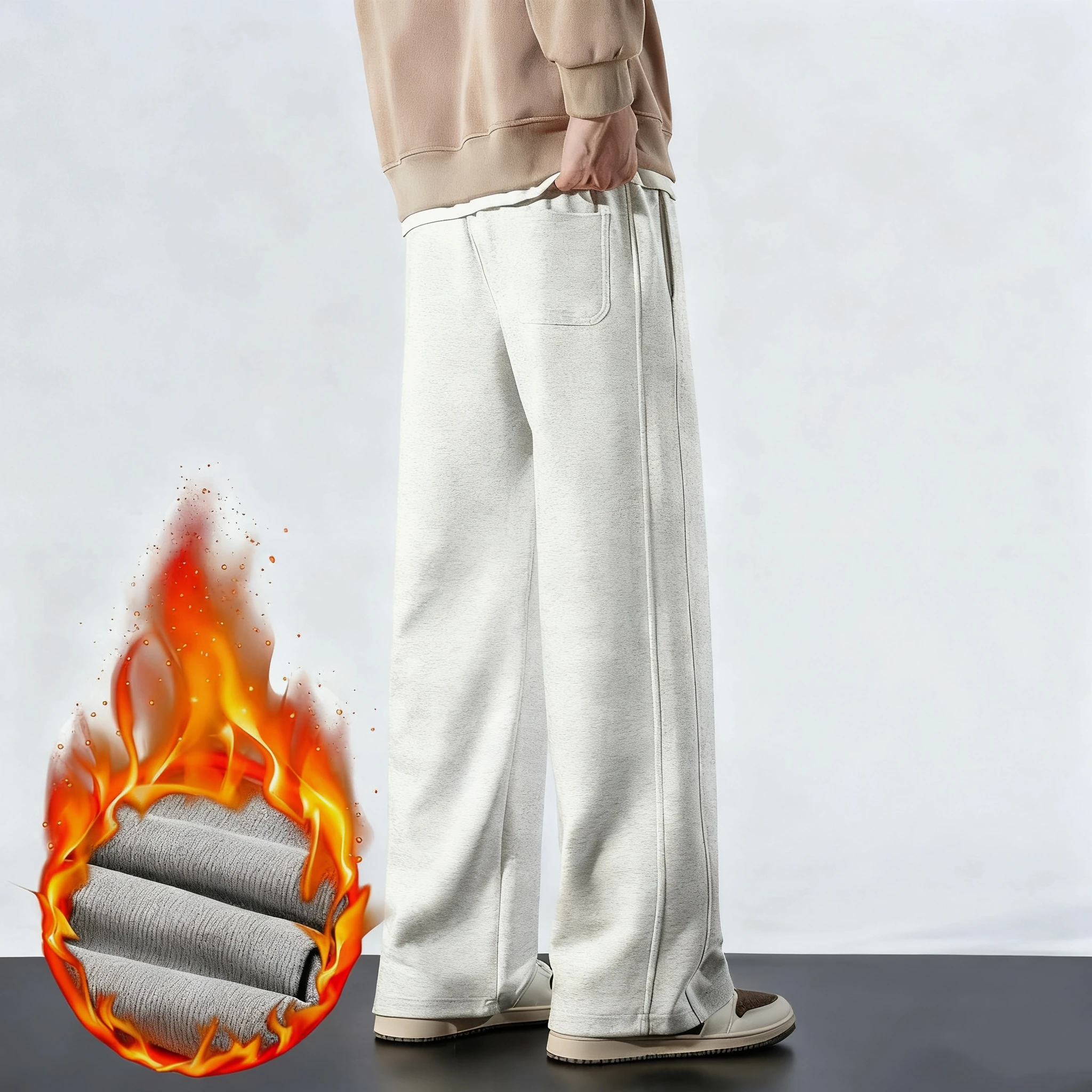 

Winter Men's Wide Leg Pants 65% Cotton Velvet Lined Straight Sweatpants Solid Color Long Baggy Trousers for Outdoor Wear