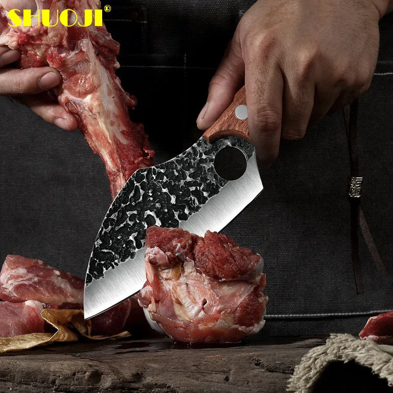 SHUOJI Master Handmade Forging Boning Knife Outdoor Survival Kitchen Knife Self-defense Tools Cooking Meat Knives with Sheath