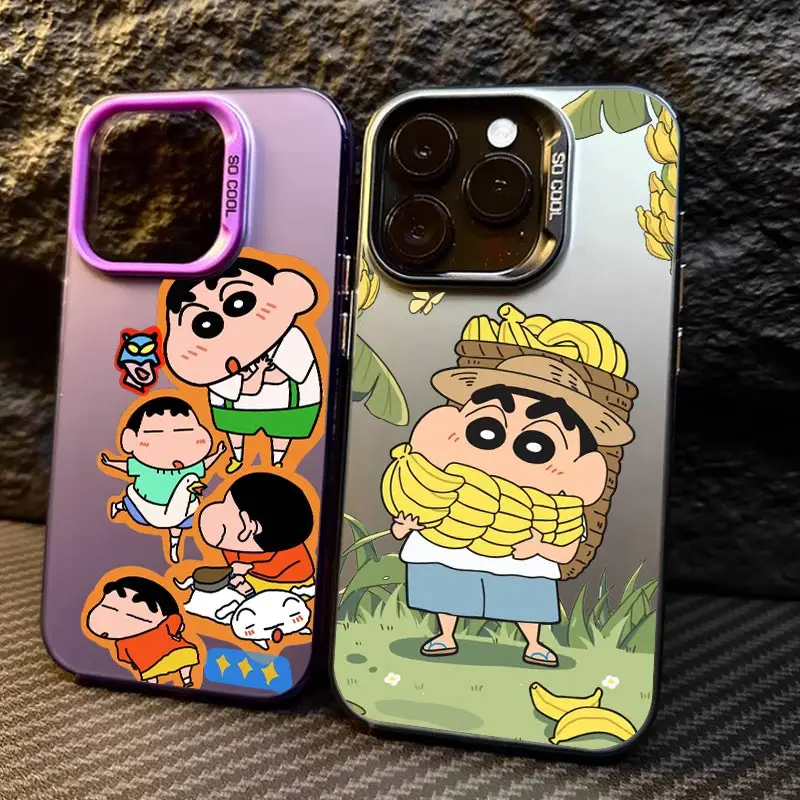 Crayon Shin-chan cute niche For Apple iPhone 15 14 13 12 11 Plus Pro XR XS X Max Colorful Silver Phone Case