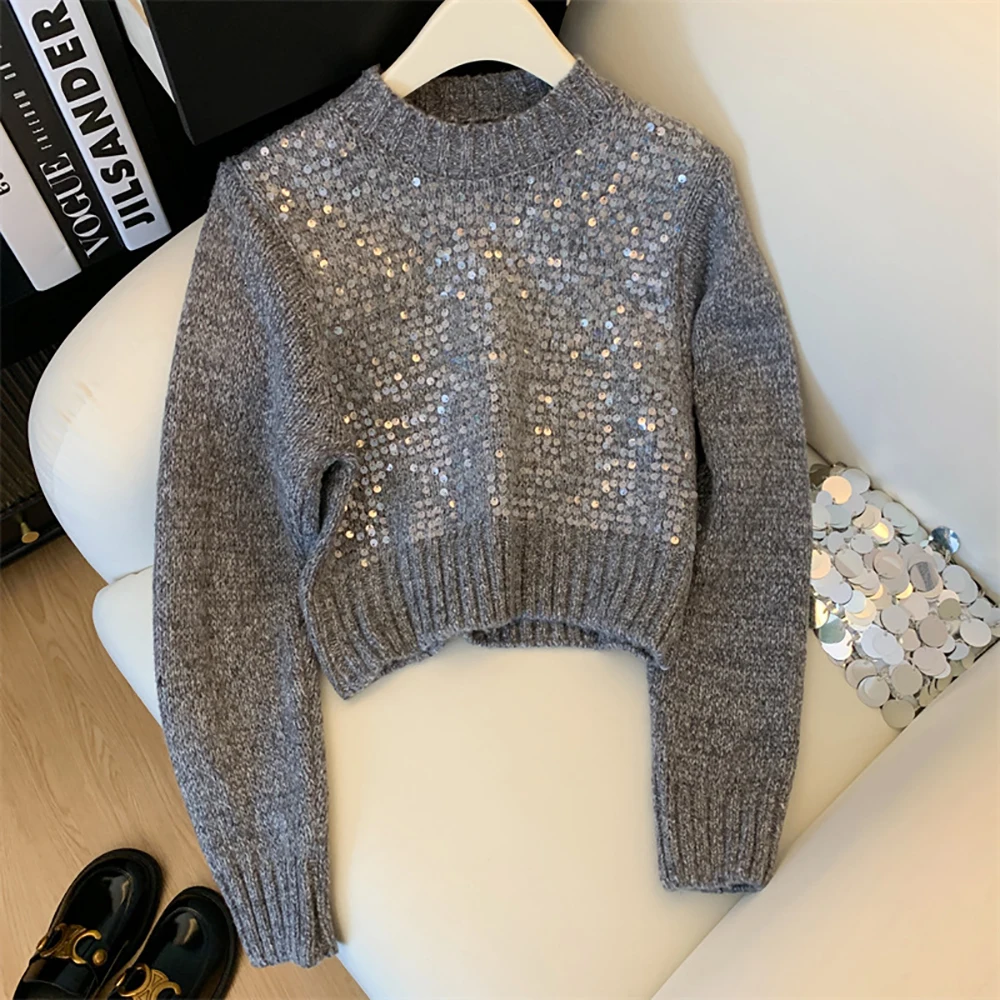 Glänzende Pailletten Kurze Pullover Pullover Französisch Stil Elegante Temperament Gestrickte Pullover Frauen Casual Alle-Spiel Warme Stricken Tops